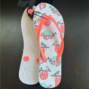 Time and Tru Sloth Print Flip Flops with Coral Straps